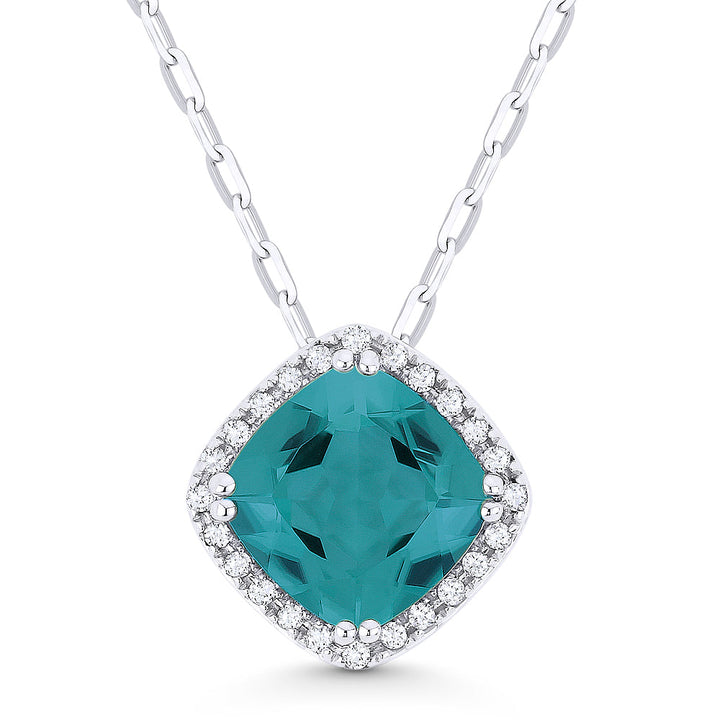 Beautiful Hand Crafted 14K White Gold 7MM Created Tourmaline Paraiba And Diamond Essentials Collection Pendant