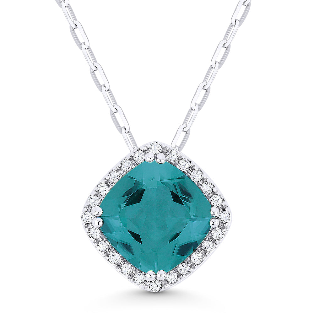 Beautiful Hand Crafted 14K White Gold 7MM Created Tourmaline Paraiba And Diamond Essentials Collection Pendant