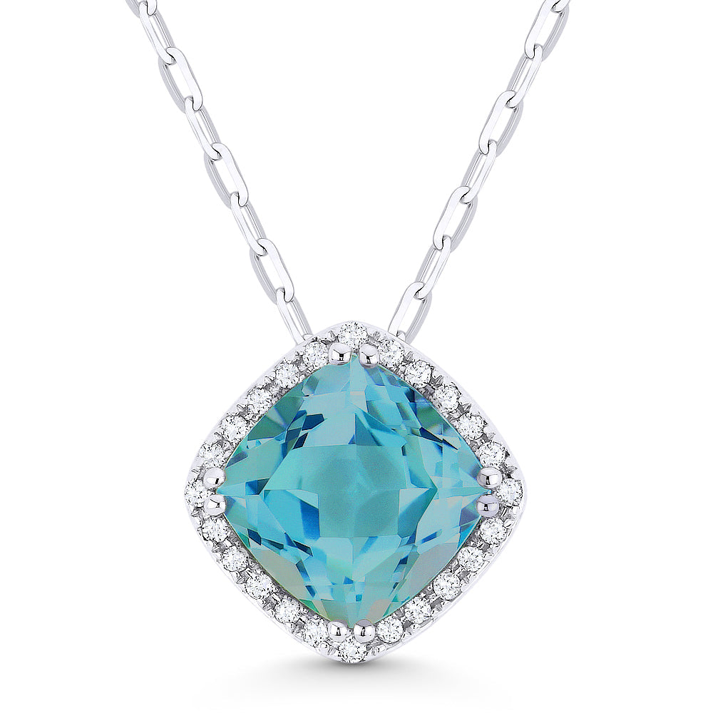 Beautiful Hand Crafted 14K White Gold 7MM London Blue Topaz And Diamond Essentials Collection Pendant