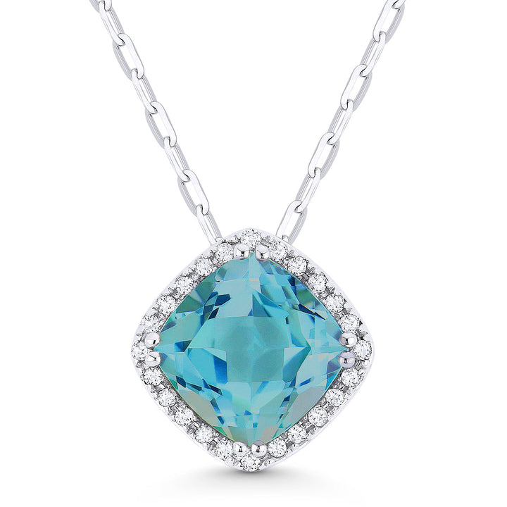 Beautiful Hand Crafted 14K White Gold 7MM London Blue Topaz And Diamond Essentials Collection Pendant