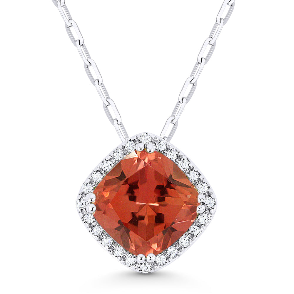 Beautiful Hand Crafted 14K White Gold 7MM Created Padparadscha And Diamond Essentials Collection Pendant