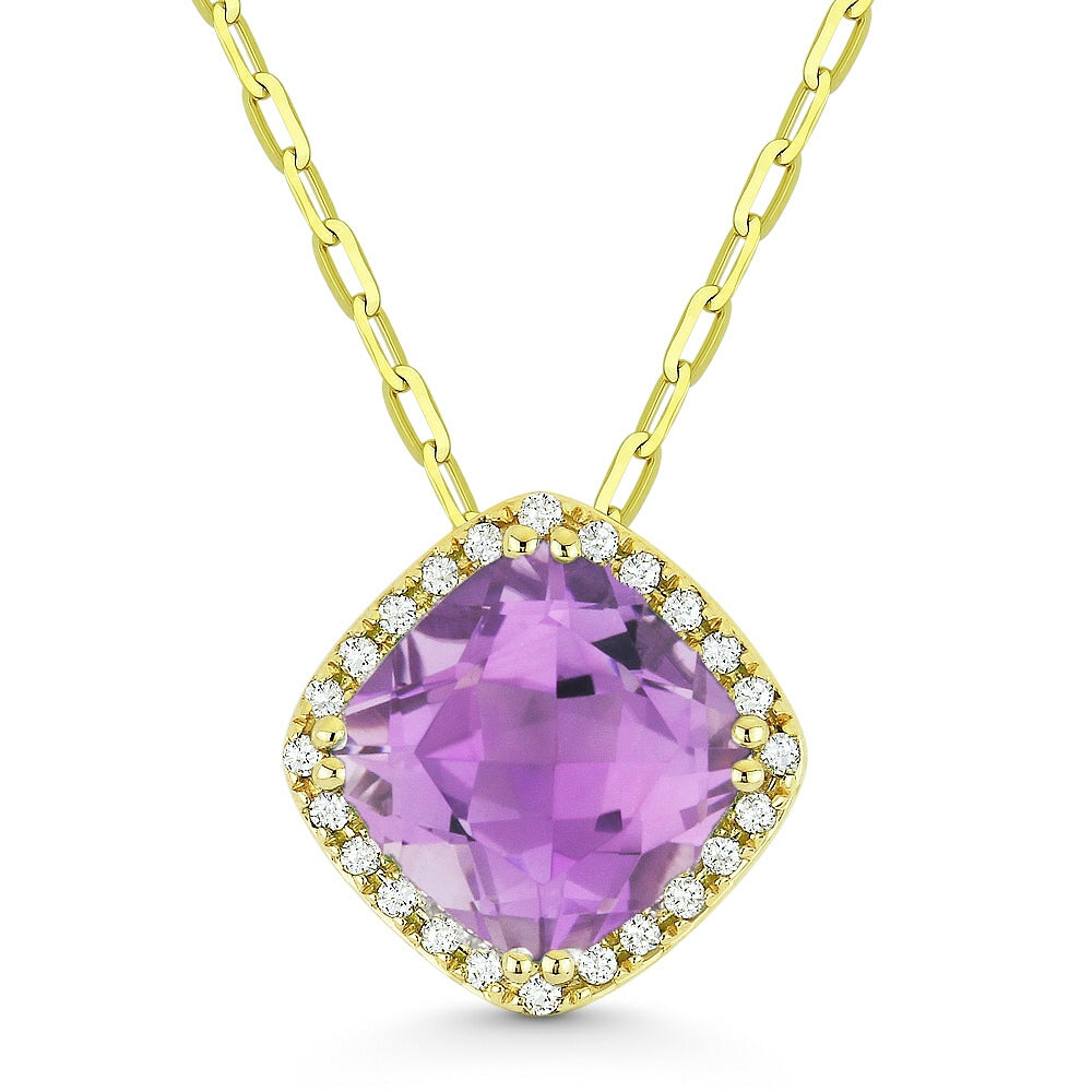 Beautiful Hand Crafted 14K Yellow Gold 7MM Pink Amethyst And Diamond Essentials Collection Pendant