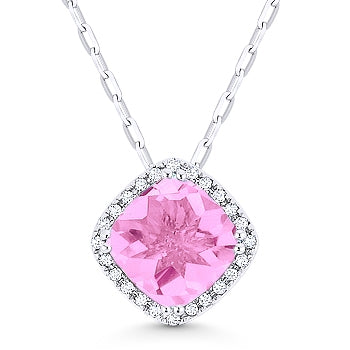 Beautiful Hand Crafted 14K White Gold 7MM Created Pink Sapphire And Diamond Essentials Collection Pendant