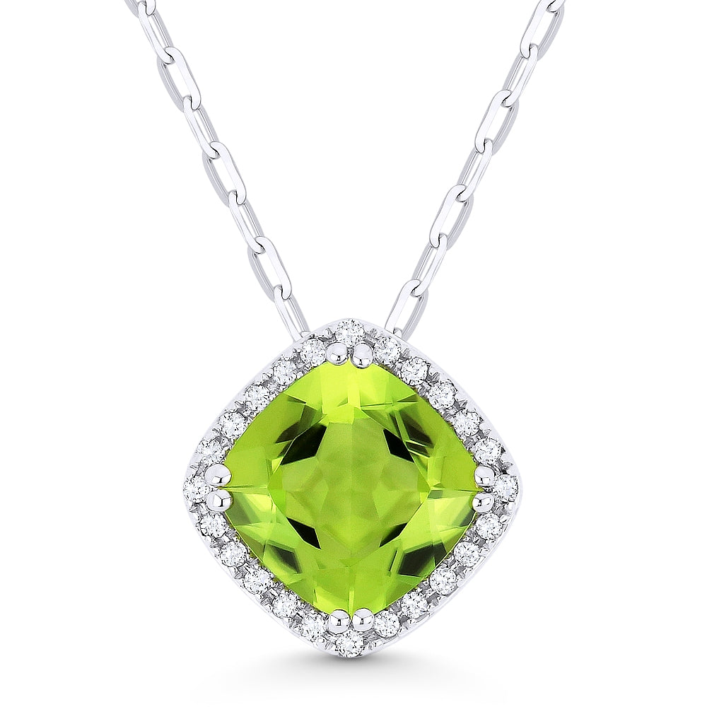 Beautiful Hand Crafted 14K White Gold 7MM Peridot And Diamond Essentials Collection Pendant