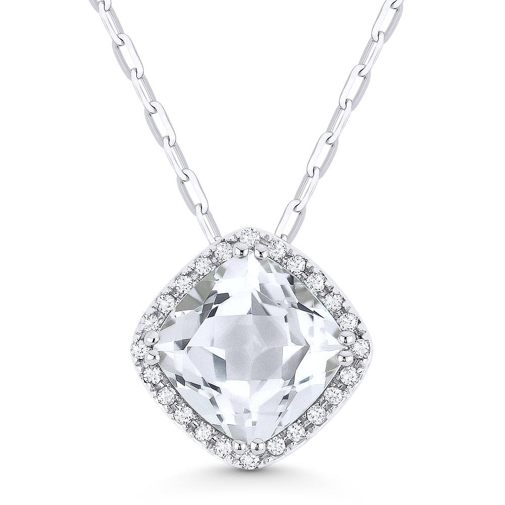 Beautiful Hand Crafted 14K White Gold 7MM White Topaz And Diamond Essentials Collection Pendant