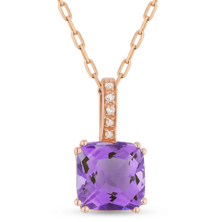 Beautiful Hand Crafted 14K Rose Gold 7MM Amethyst And Diamond Essentials Collection Pendant