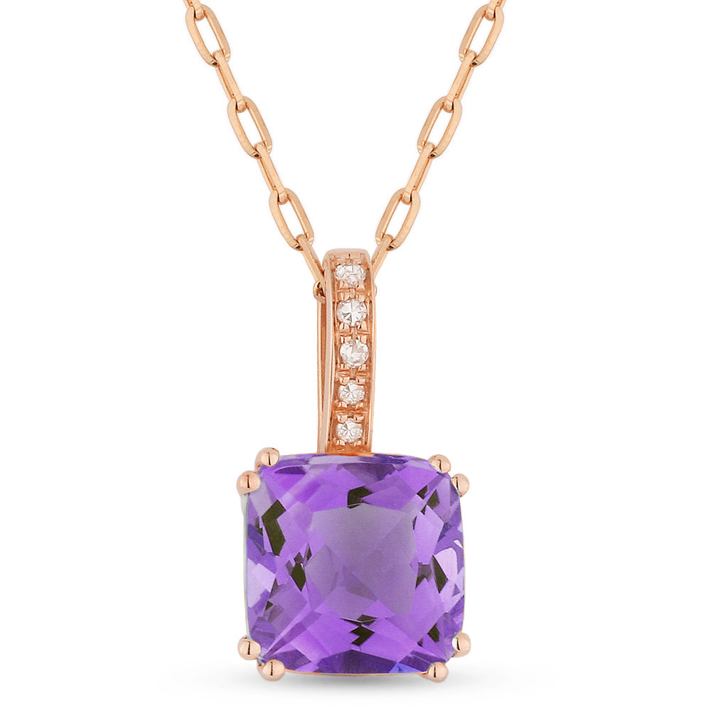 Beautiful Hand Crafted 14K Rose Gold 7MM Amethyst And Diamond Essentials Collection Pendant