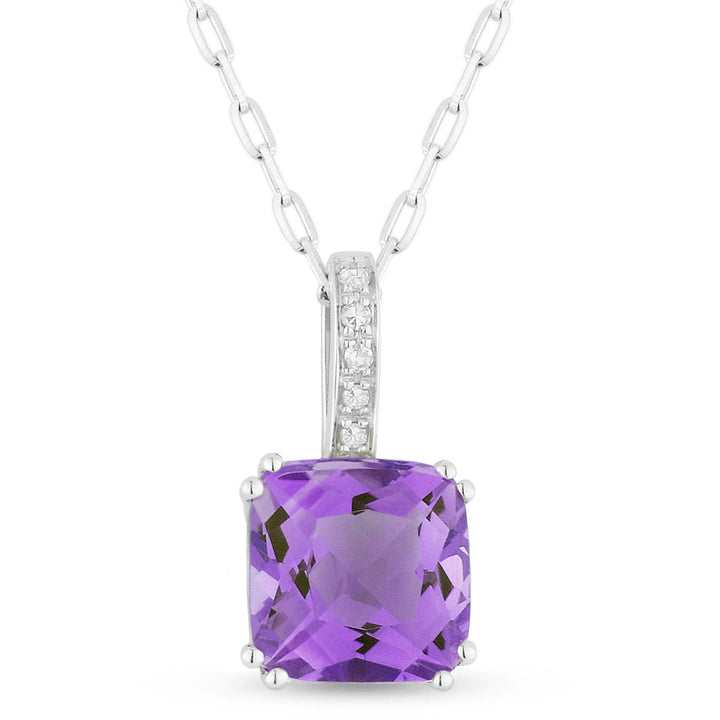 Beautiful Hand Crafted 14K White Gold 7MM Amethyst And Diamond Essentials Collection Pendant