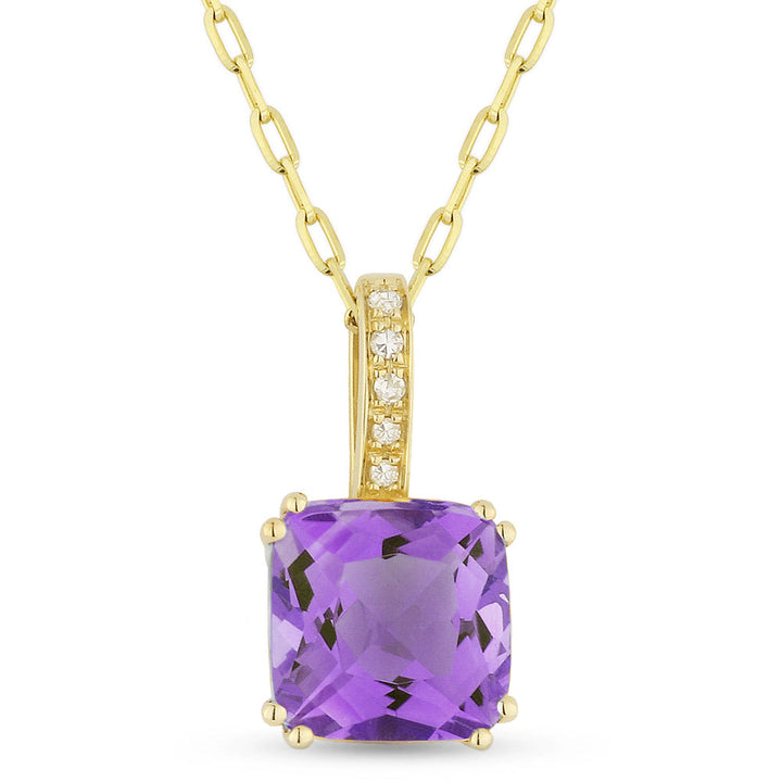 Beautiful Hand Crafted 14K Yellow Gold 7MM Amethyst And Diamond Essentials Collection Pendant