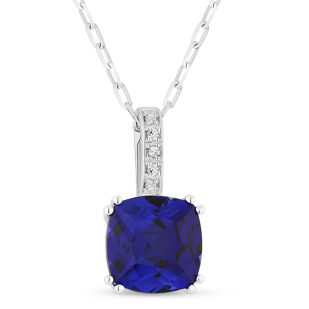 Beautiful Hand Crafted 14K White Gold 7MM Created Sapphire And Diamond Essentials Collection Pendant