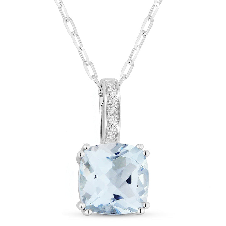 Beautiful Hand Crafted 14K White Gold 7MM Blue Topaz And Diamond Essentials Collection Pendant