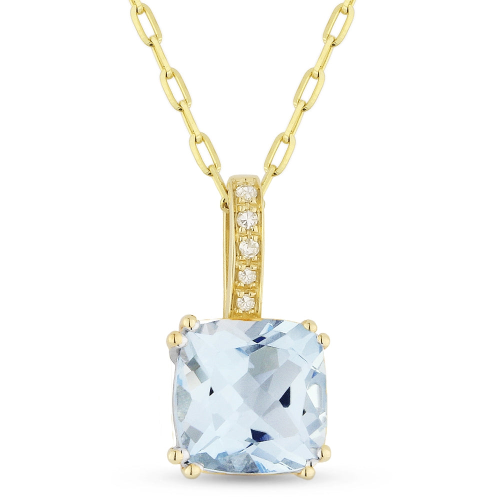 Beautiful Hand Crafted 14K Yellow Gold 7MM Blue Topaz And Diamond Essentials Collection Pendant