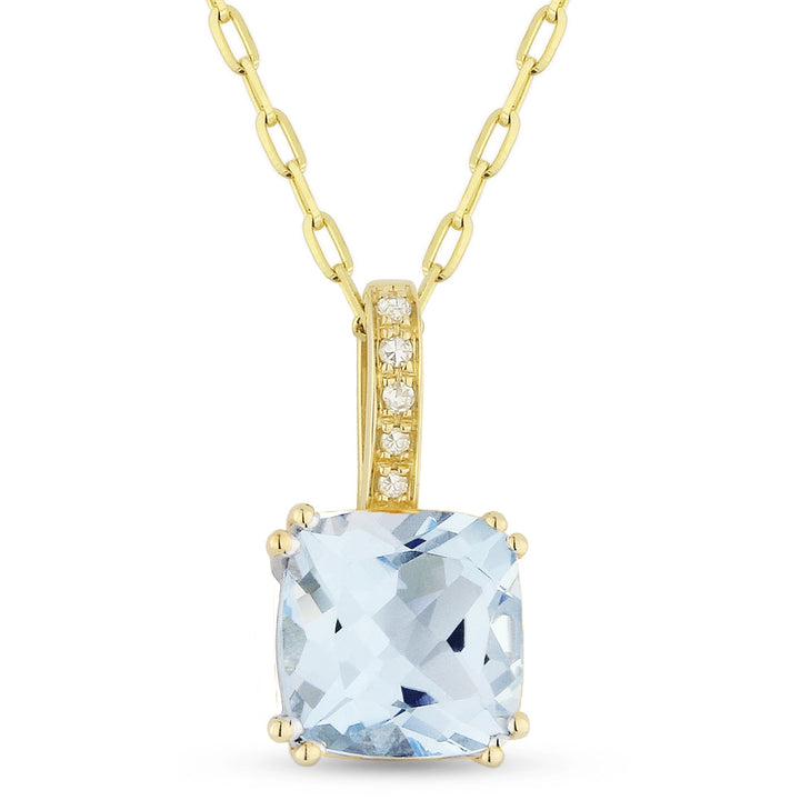 Beautiful Hand Crafted 14K Yellow Gold 7MM Blue Topaz And Diamond Essentials Collection Pendant