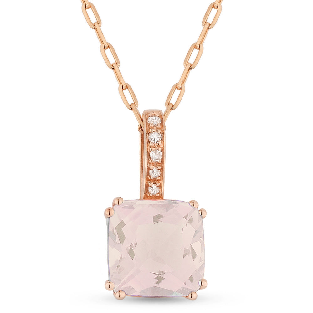 Beautiful Hand Crafted 14K Rose Gold 7MM Created Morganite And Diamond Essentials Collection Pendant