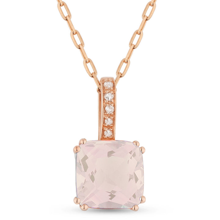 Beautiful Hand Crafted 14K Rose Gold 7MM Created Morganite And Diamond Essentials Collection Pendant