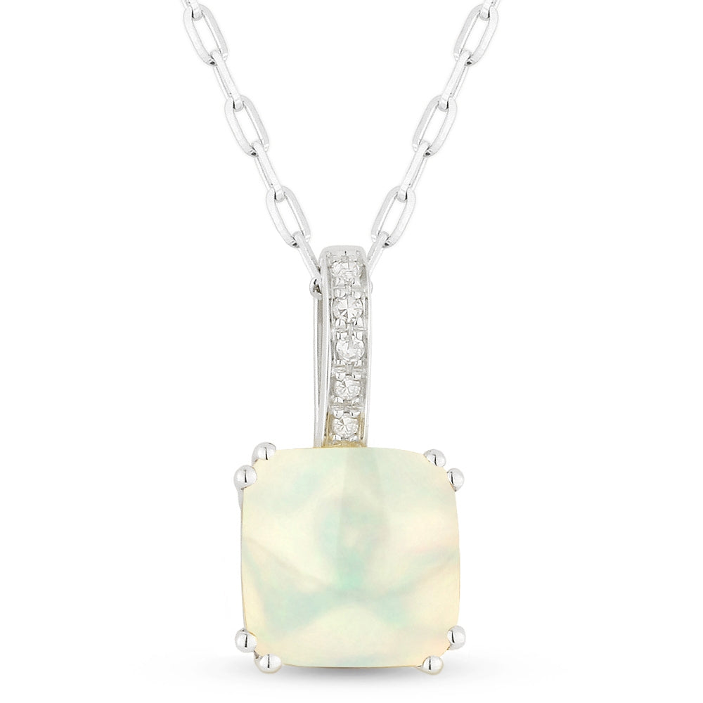 Beautiful Hand Crafted 14K White Gold  Created Ethiopian Opal And Diamond Essentials Collection Pendant