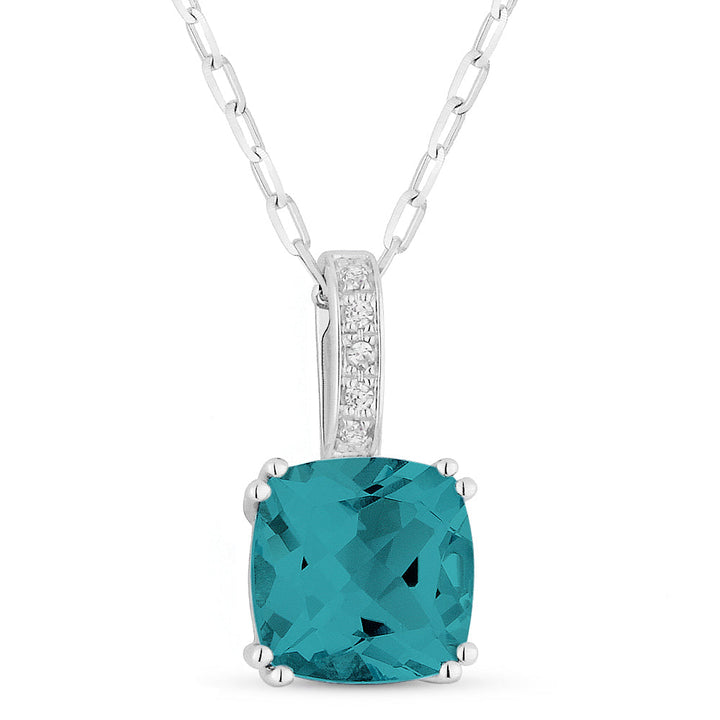 Beautiful Hand Crafted 14K White Gold 7MM Created Tourmaline Paraiba And Diamond Essentials Collection Pendant