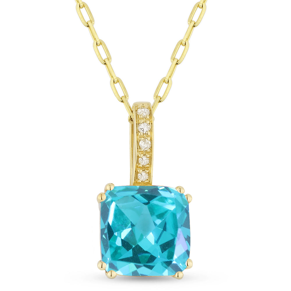 Beautiful Hand Crafted 14K Yellow Gold 7MM Created Tourmaline Paraiba And Diamond Essentials Collection Pendant