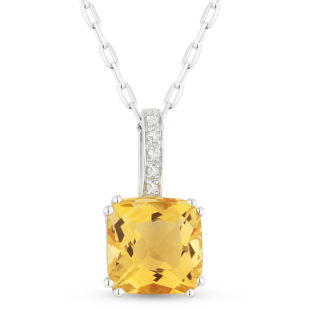 Beautiful Hand Crafted 14K White Gold 7MM Citrine And Diamond Essentials Collection Pendant