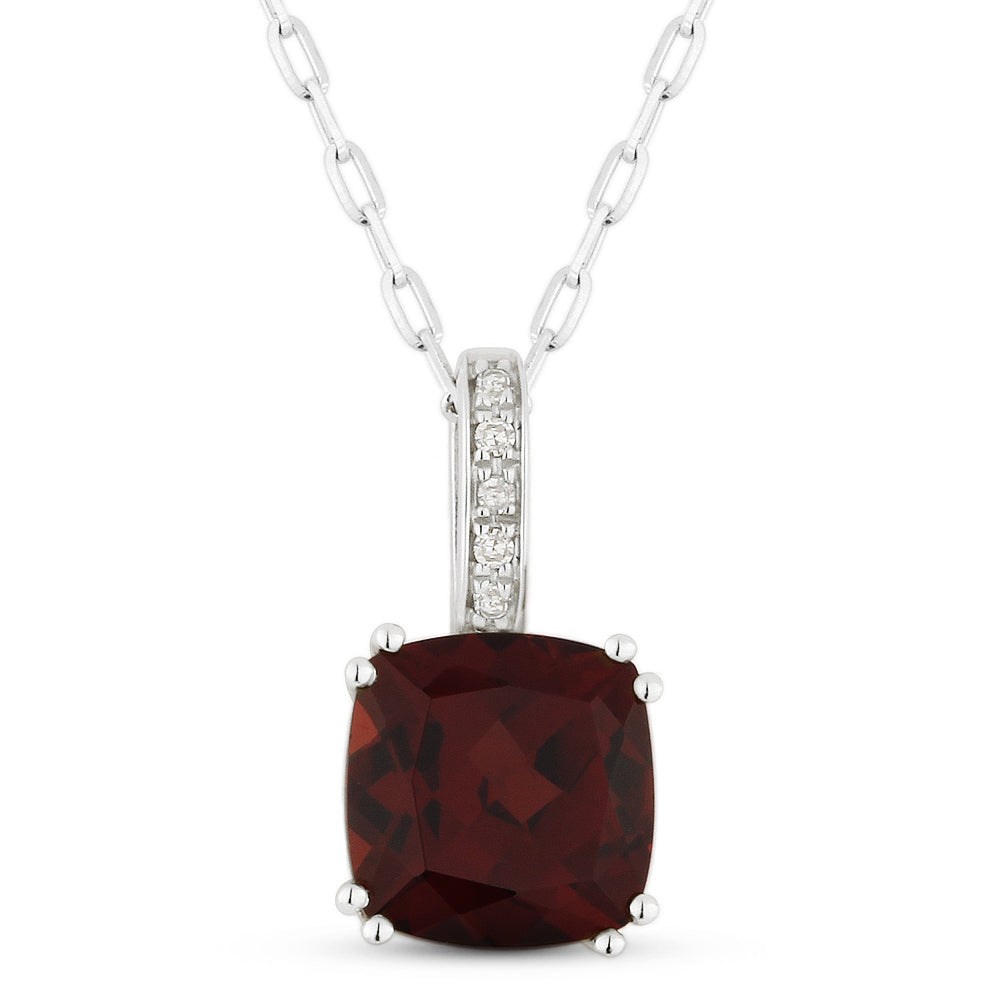 Beautiful Hand Crafted 14K White Gold 7MM Garnet And Diamond Essentials Collection Pendant