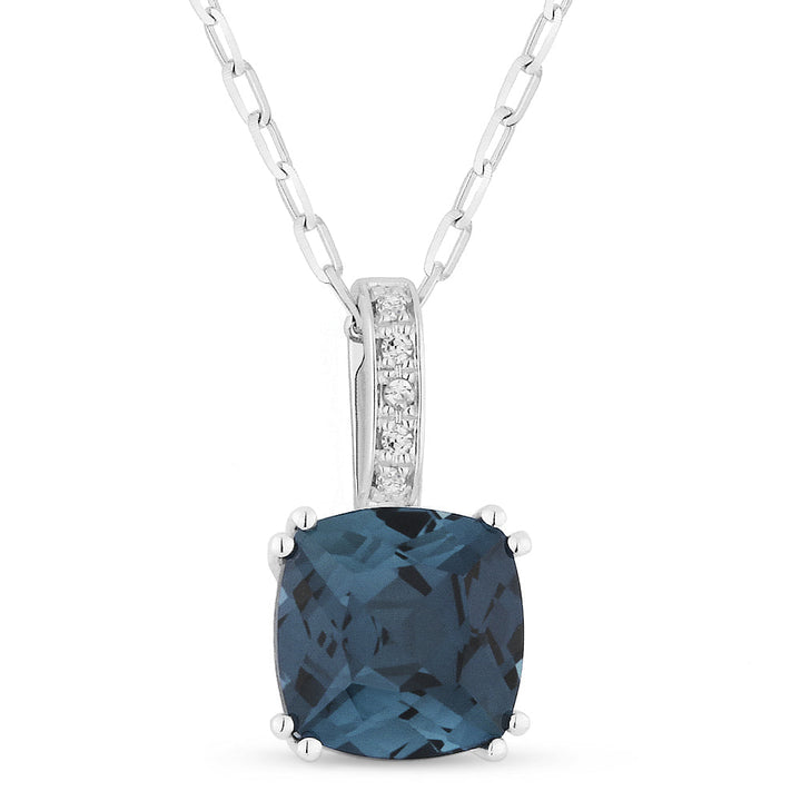Beautiful Hand Crafted 14K White Gold 7MM London Blue Topaz And Diamond Essentials Collection Pendant