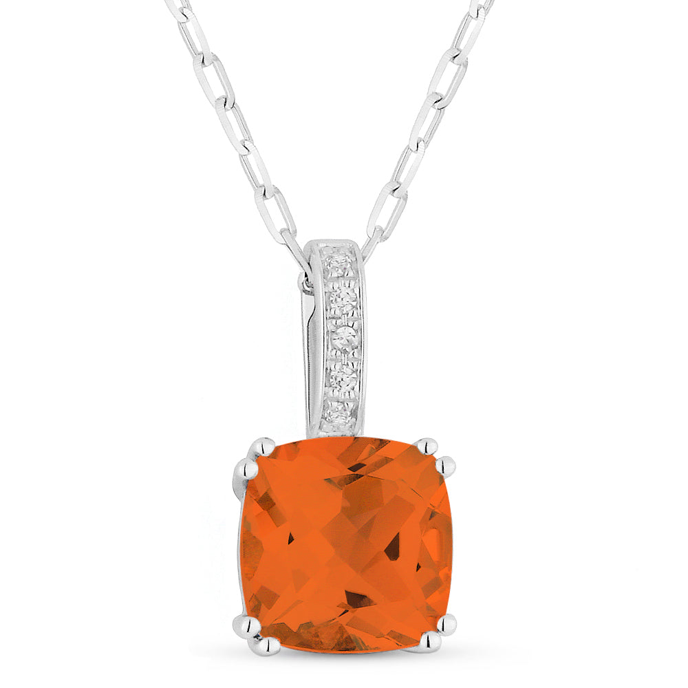 Beautiful Hand Crafted 14K White Gold 7MM Created Padparadscha And Diamond Essentials Collection Pendant