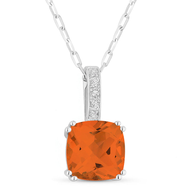 Beautiful Hand Crafted 14K White Gold 7MM Created Padparadscha And Diamond Essentials Collection Pendant