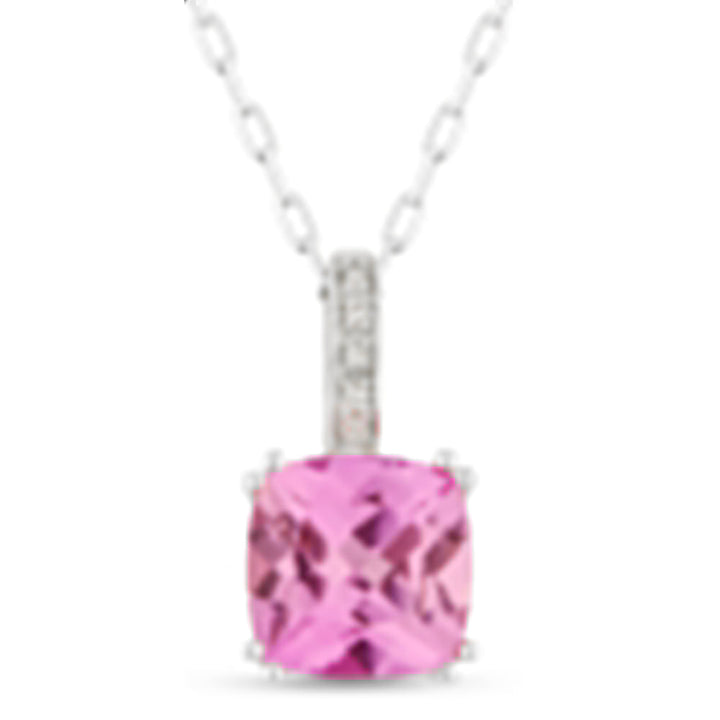 Beautiful Hand Crafted 14K White Gold 7MM Created Pink Sapphire And Diamond Essentials Collection Pendant