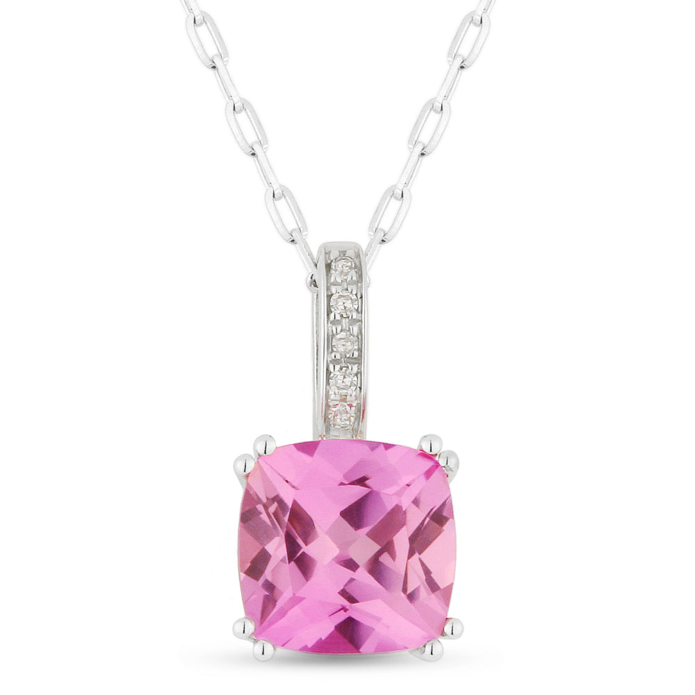 Beautiful Hand Crafted 14K White Gold 7MM Created Pink Sapphire And Diamond Essentials Collection Pendant