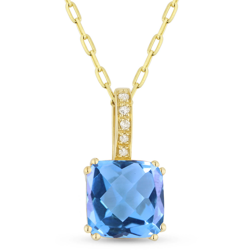 Beautiful Hand Crafted 14K Yellow Gold 7MM Swiss Blue Topaz And Diamond Essentials Collection Pendant