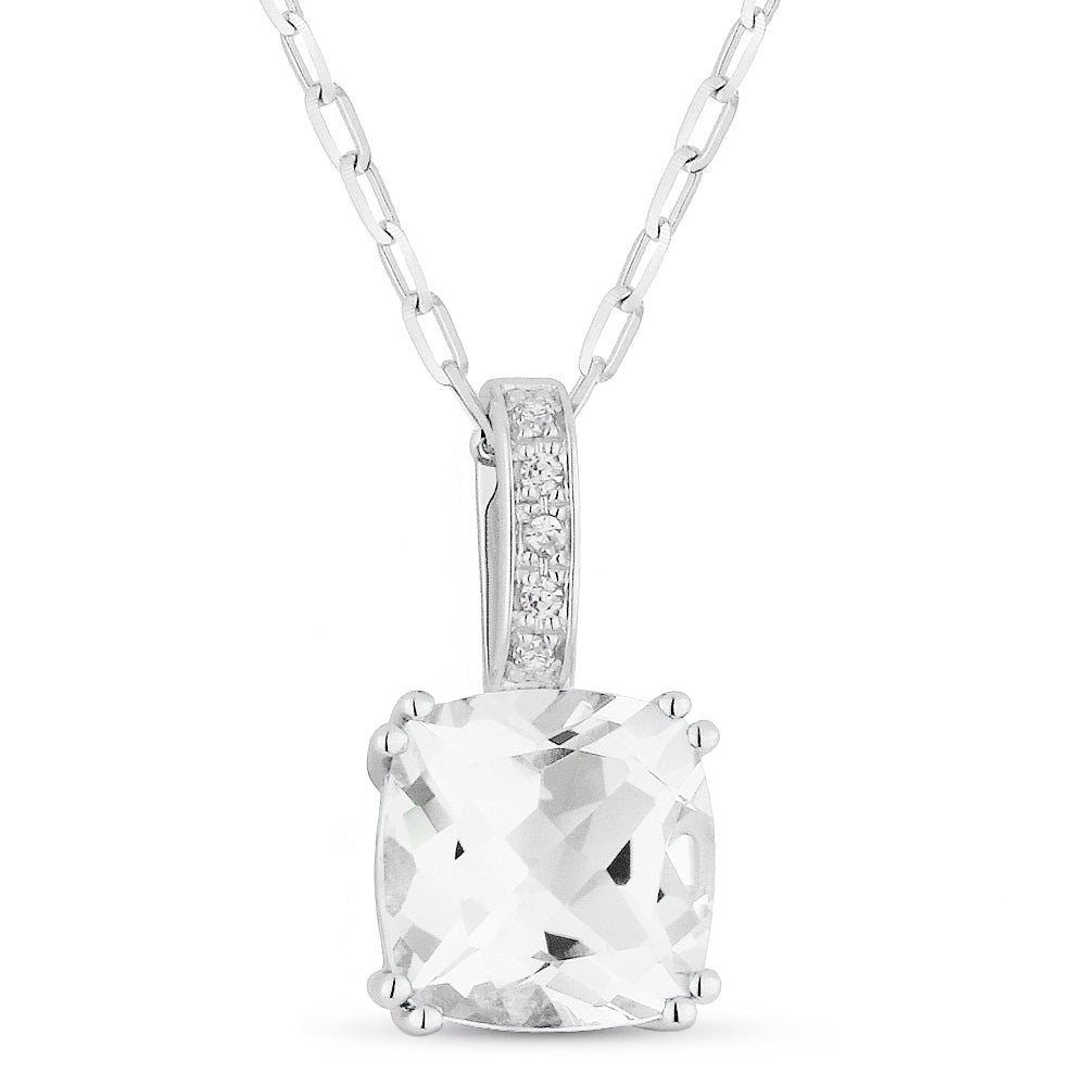 Beautiful Hand Crafted 14K White Gold 7MM White Topaz And Diamond Essentials Collection Pendant