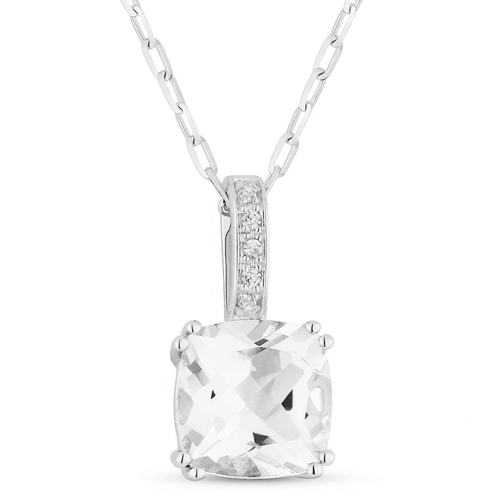 Beautiful Hand Crafted 14K White Gold 7MM White Topaz And Diamond Essentials Collection Pendant