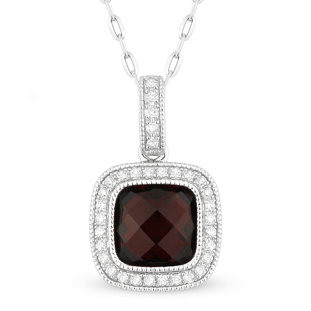 Beautiful Hand Crafted 14K White Gold 7MM Garnet And Diamond Eclectica Collection Pendant