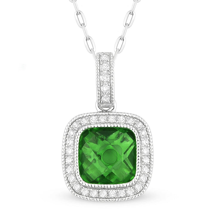 Beautiful Hand Crafted 14K White Gold 7MM Created Emerald And Diamond Eclectica Collection Pendant