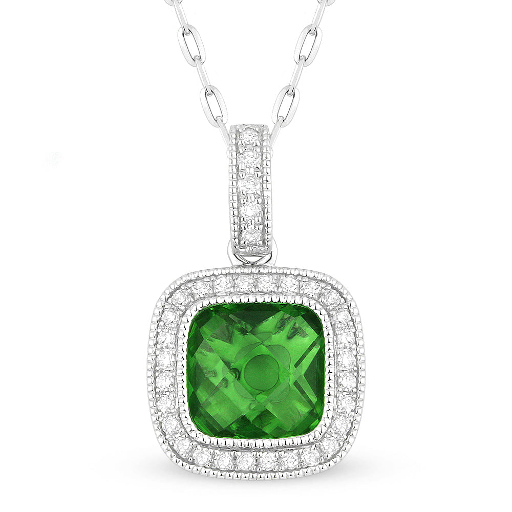 Beautiful Hand Crafted 14K White Gold 7MM Created Emerald And Diamond Eclectica Collection Pendant