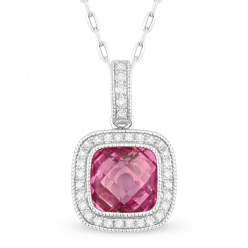 Beautiful Hand Crafted 14K White Gold 7MM Created Pink Sapphire And Diamond Eclectica Collection Pendant