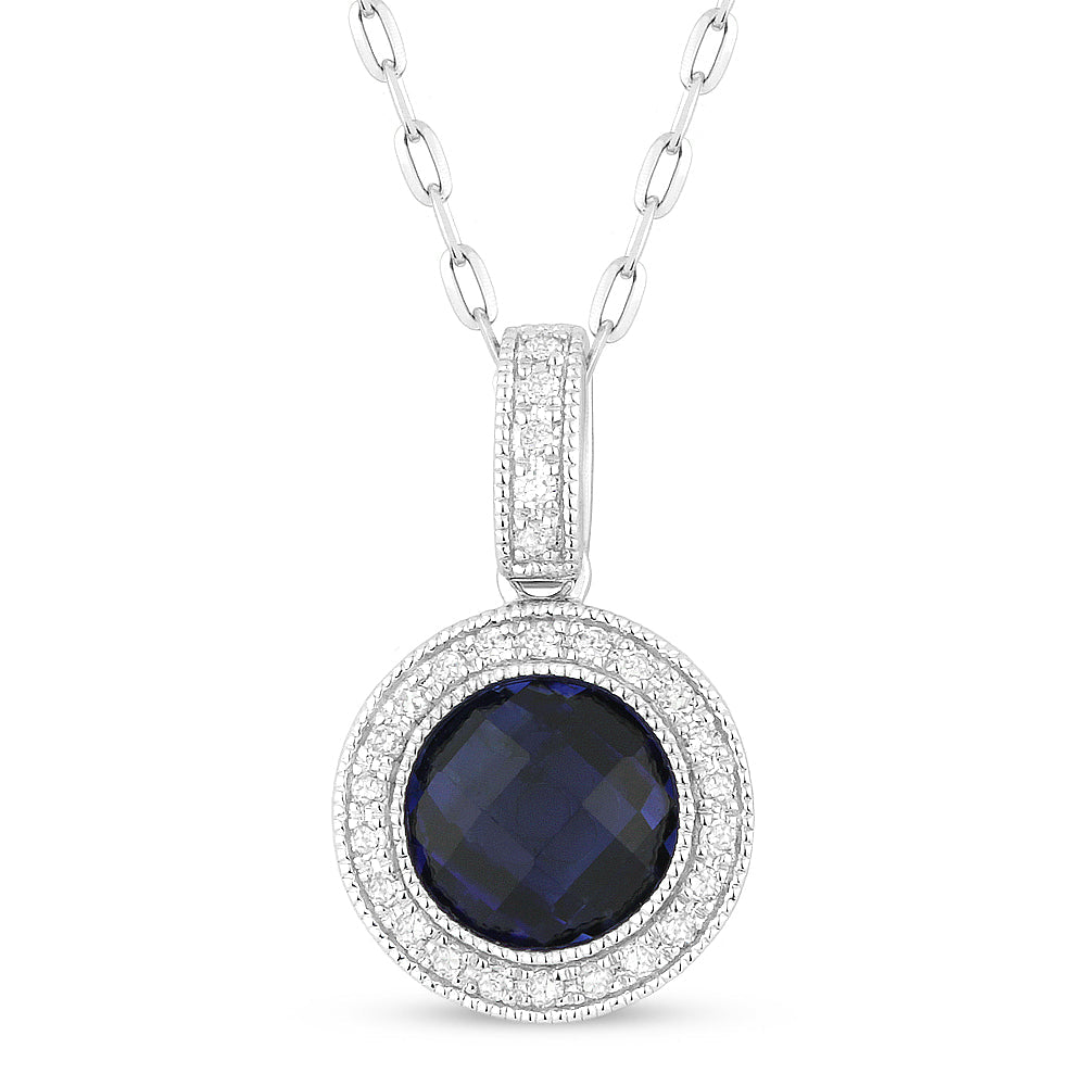 Beautiful Hand Crafted 14K White Gold 7MM Created Sapphire And Diamond Eclectica Collection Pendant