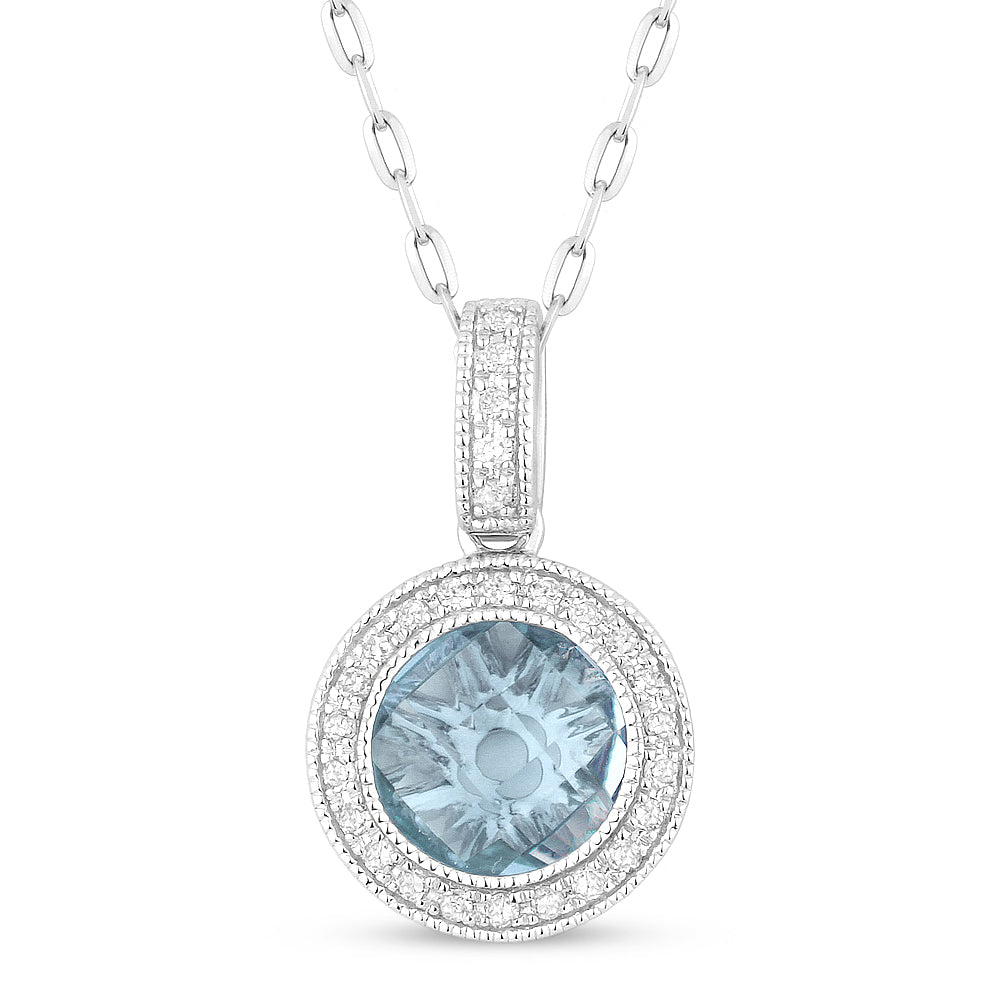 Beautiful Hand Crafted 14K White Gold 7MM Blue Topaz And Diamond Eclectica Collection Pendant