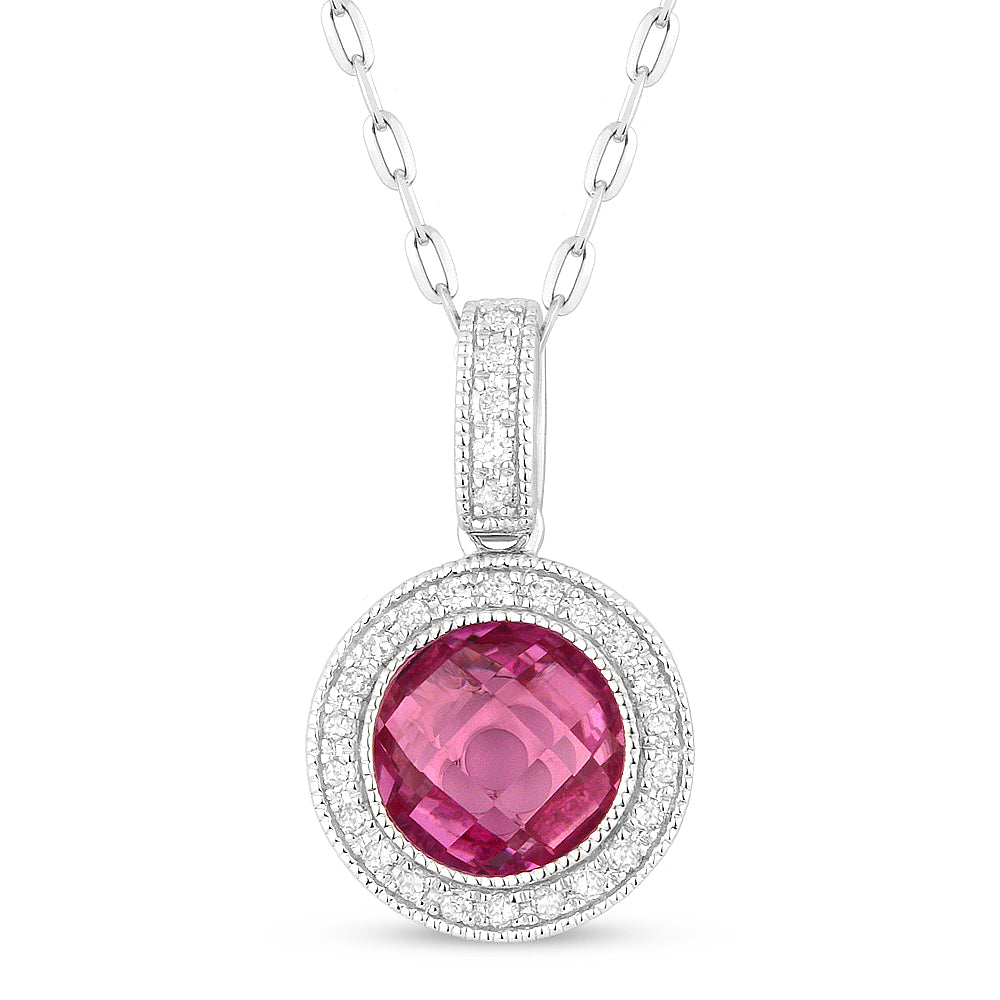 Beautiful Hand Crafted 14K White Gold 7MM Created Pink Sapphire And Diamond Eclectica Collection Pendant