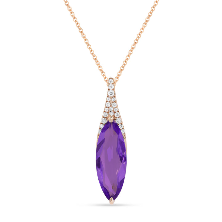 Beautiful Hand Crafted 14K Rose Gold 6x16MM Amethyst And Diamond Essentials Collection Pendant
