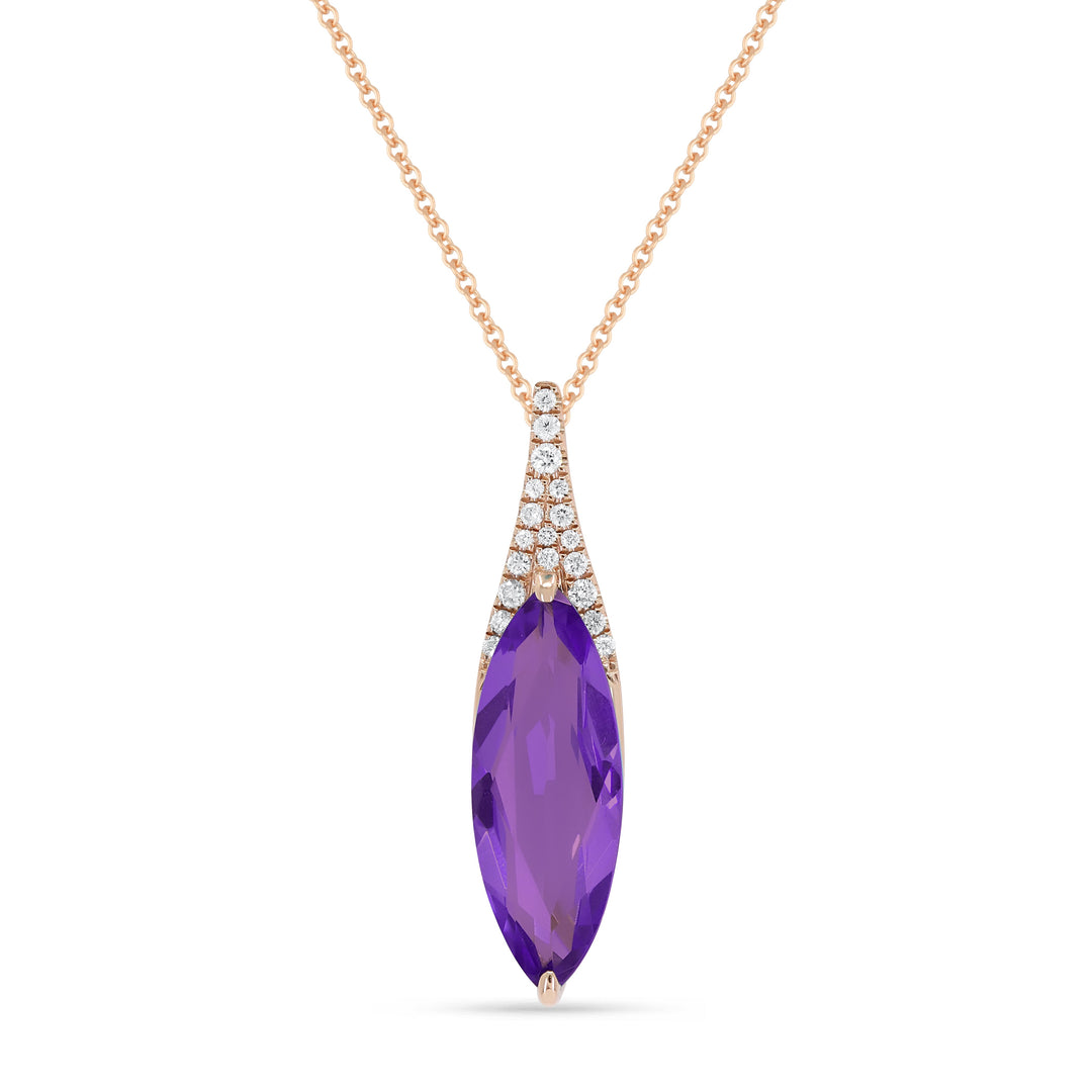 Beautiful Hand Crafted 14K Rose Gold 6X16MM Amethyst And Diamond Essentials Collection Pendant