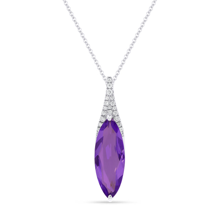 Beautiful Hand Crafted 14K White Gold 6x16MM Amethyst And Diamond Essentials Collection Pendant