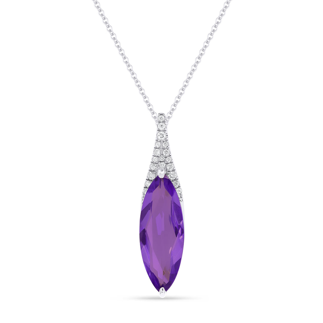 Beautiful Hand Crafted 14K White Gold 6X16MM Amethyst And Diamond Essentials Collection Pendant
