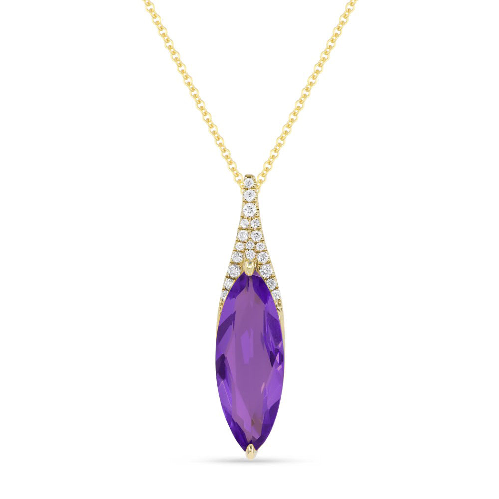 Beautiful Hand Crafted 14K Yellow Gold 6x16MM Amethyst And Diamond Essentials Collection Pendant
