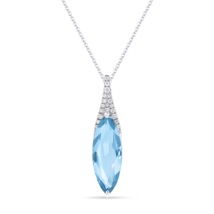 Beautiful Hand Crafted 14K White Gold 6X16MM Blue Topaz And Diamond Essentials Collection Pendant