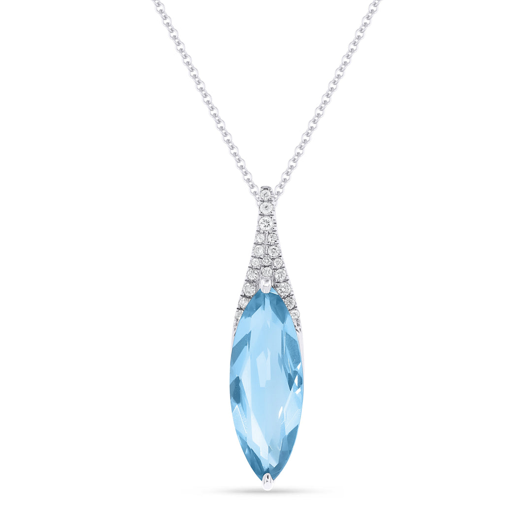 Beautiful Hand Crafted 14K White Gold 6x16MM Blue Topaz And Diamond Essentials Collection Pendant
