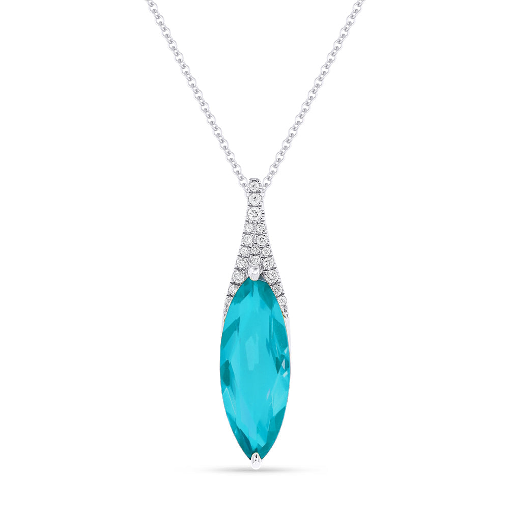 Beautiful Hand Crafted 14K White Gold 6X16MM Created Tourmaline Paraiba And Diamond Essentials Collection Pendant