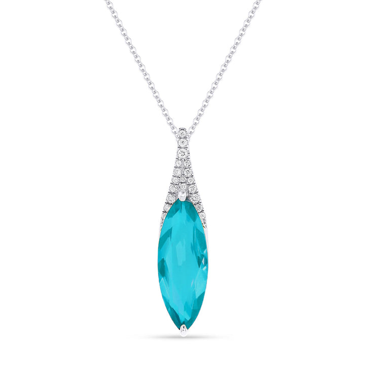 Beautiful Hand Crafted 14K White Gold 6X16MM Created Tourmaline Paraiba And Diamond Essentials Collection Pendant