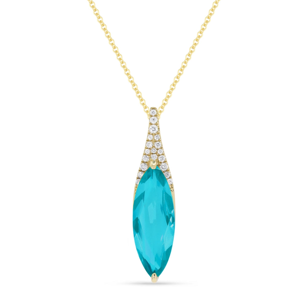 Beautiful Hand Crafted 14K Yellow Gold  Created Tourmaline Paraiba And Diamond Essentials Collection Pendant