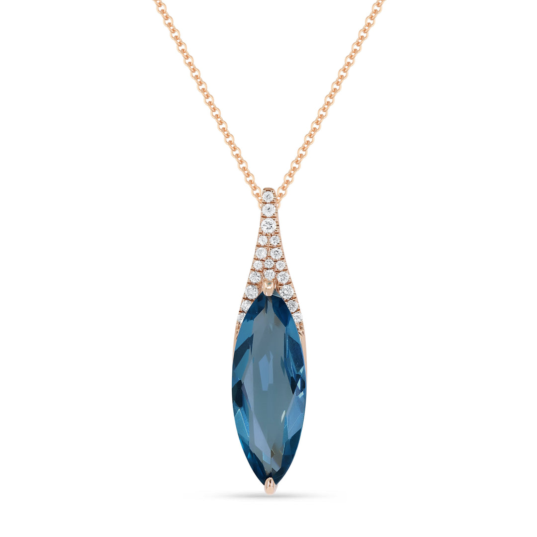Beautiful Hand Crafted 14K Rose Gold 6X16MM London Blue Topaz And Diamond Essentials Collection Pendant